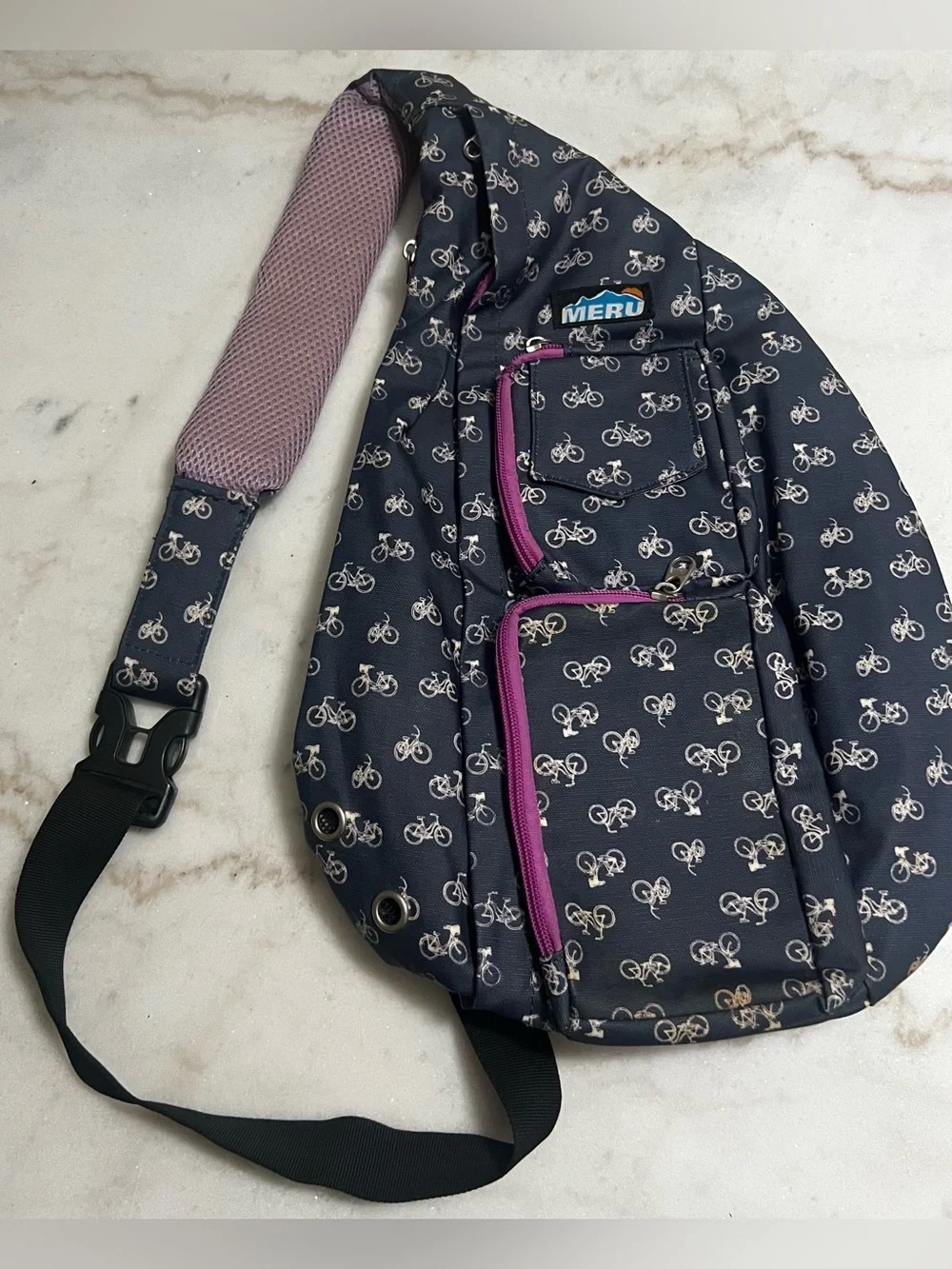 Meru Blue Canvas Sling Bag Cute Bicycle Print Needs Cleaned See Pics.